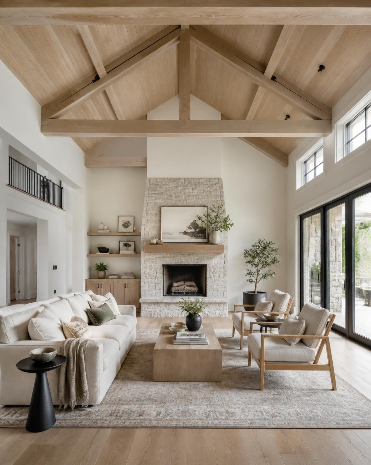 Great room interior with vaulted timber ceiling, stone fireplace and natural light