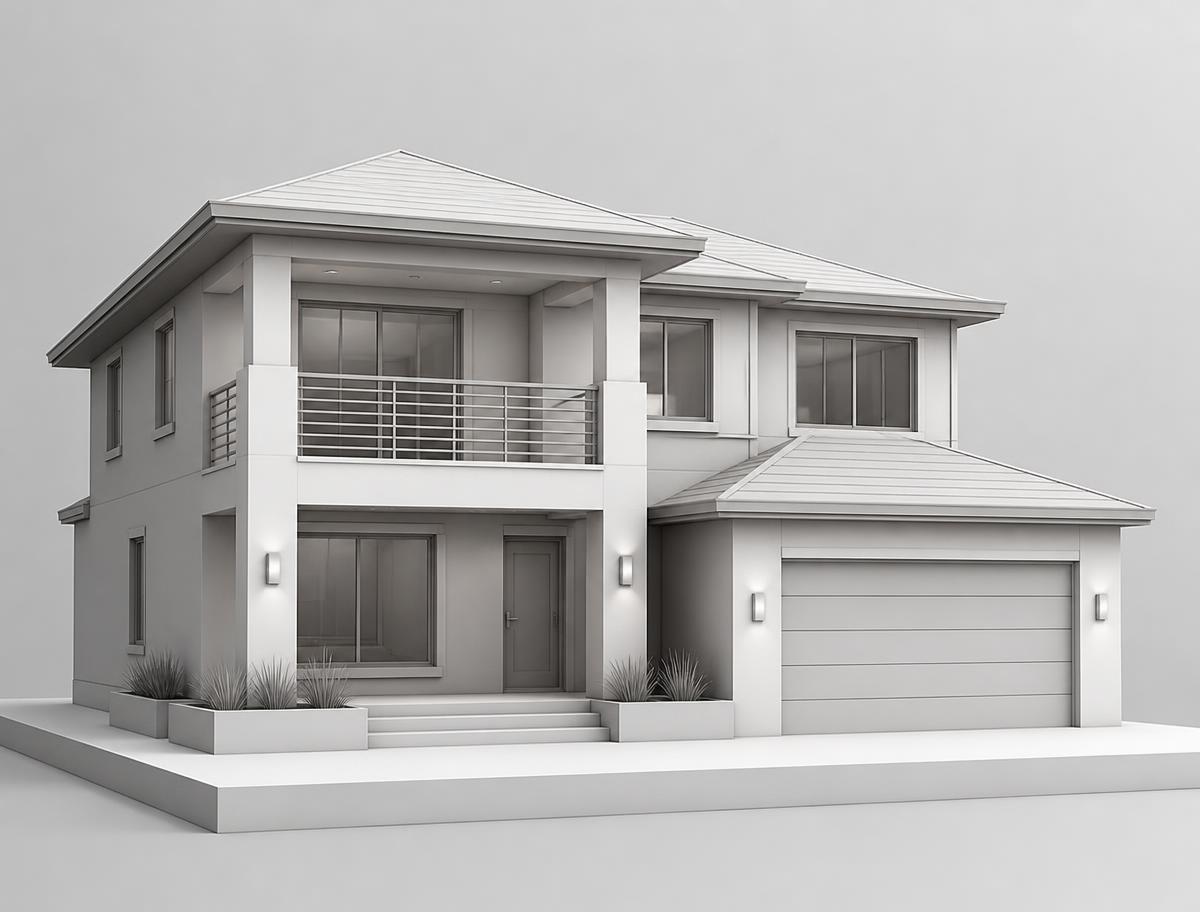 Neutral 3D architectural massing model of a two-story residence