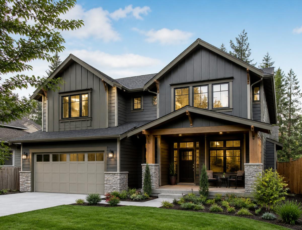 Completed two-story home exterior corresponding to the 3D model