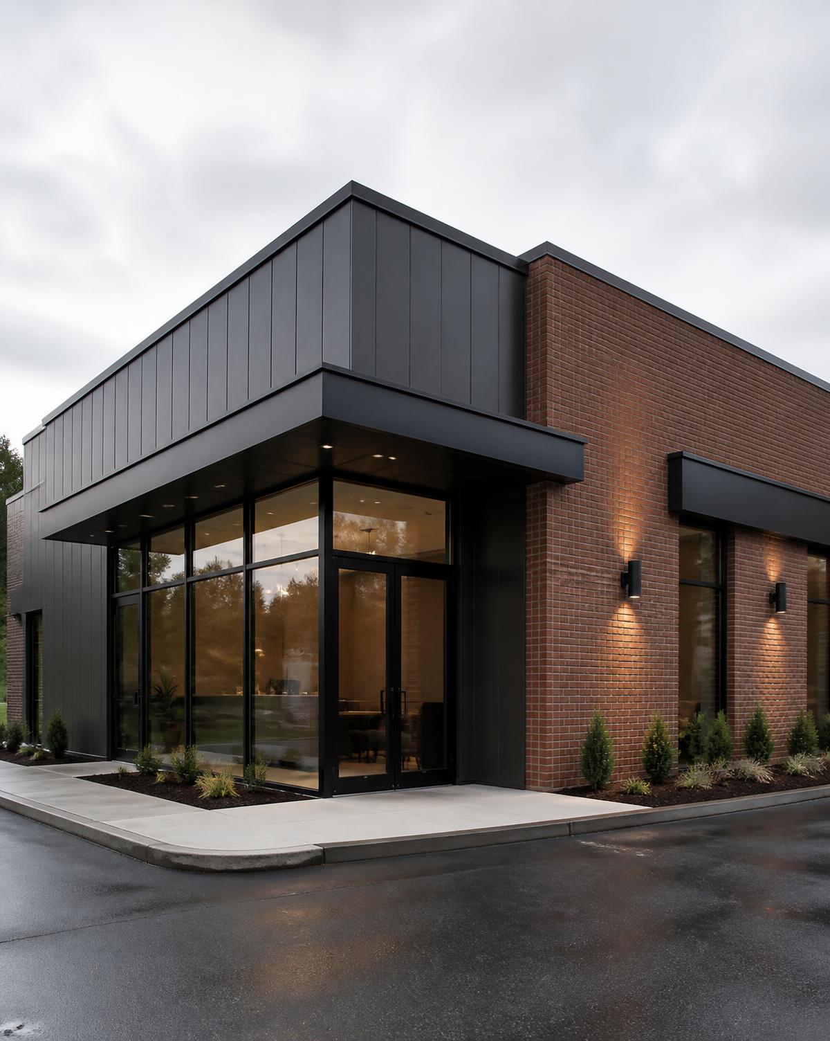 Light commercial building with brick and dark metal panel facade
