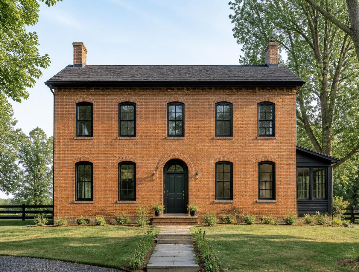 Restored historic brick farmhouse with black window frames