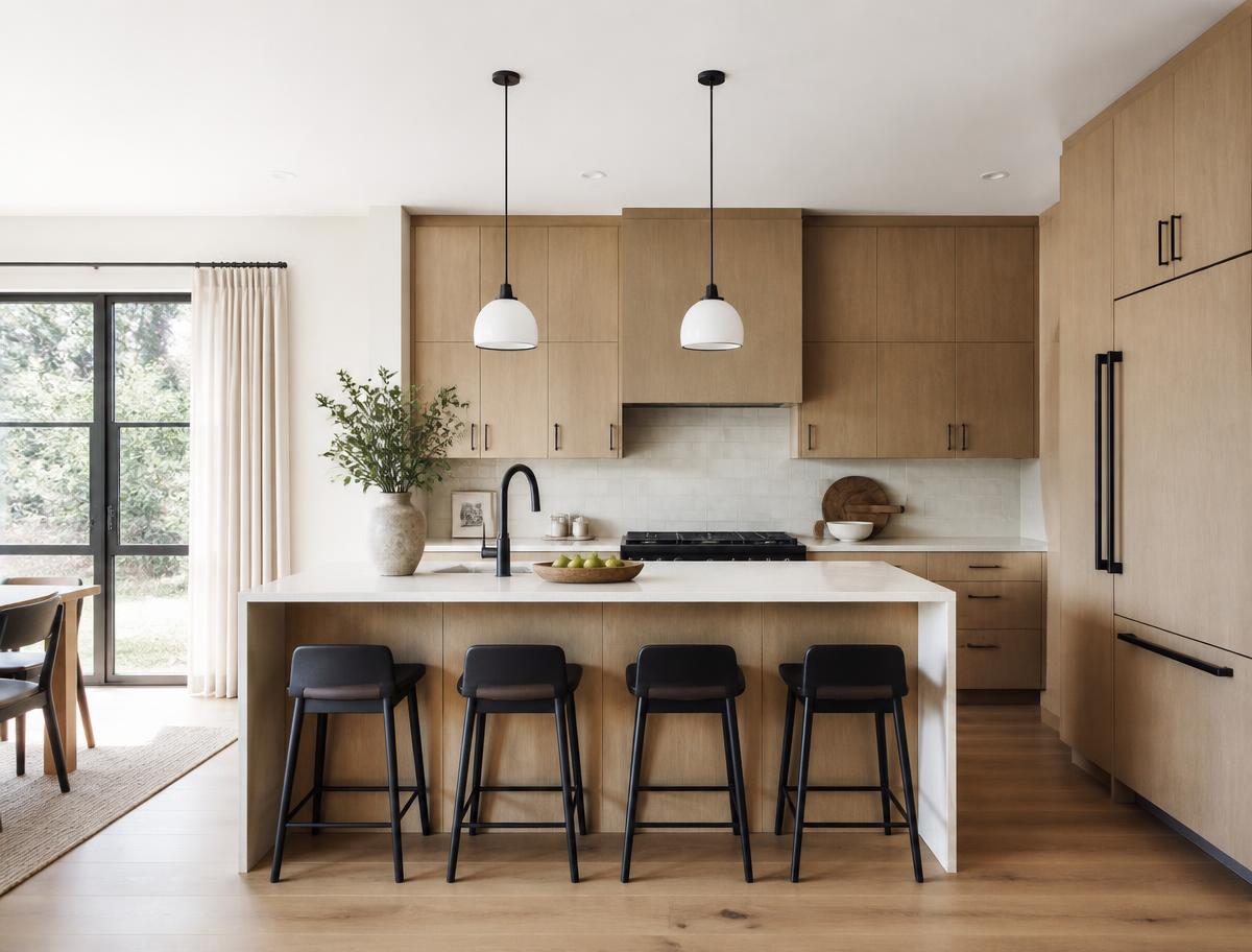 Renovated kitchen with white oak cabinetry and a quartz island